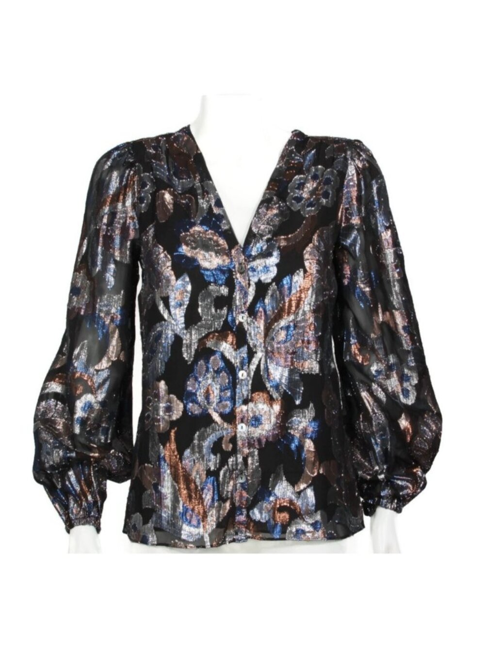 RAMY BROOK Metallic Shimmering Black Puff Long Sleeve Button Blouse Top sz S 289